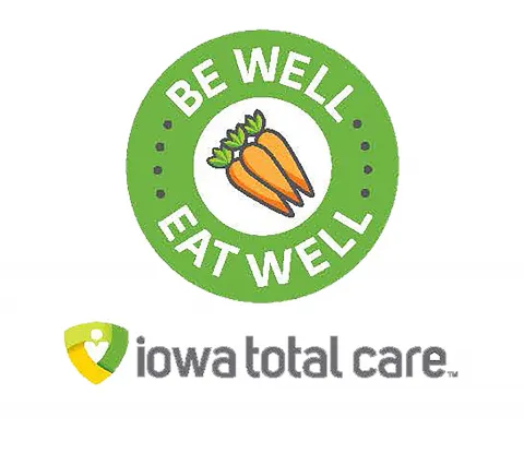 Green Circle with a bunch of carrots that says Be well, eat well
